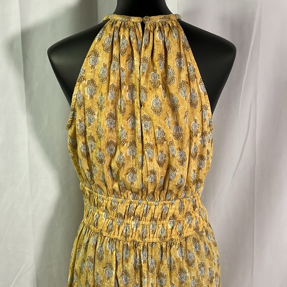 Maijin Yellow Metallic Gold Floral Print Sleeveless Smocked Waist Midi Dress - Picture 11 of 16